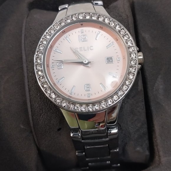 2949 Ladies Relic brand Watch, Rhinestones and Pick Pearl Face. Comes with case. - Picture 2 of 6